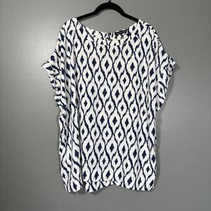 Violet & Claire White & Blue Ikat Print Boho Top - Size 2X - Women's Plus Size